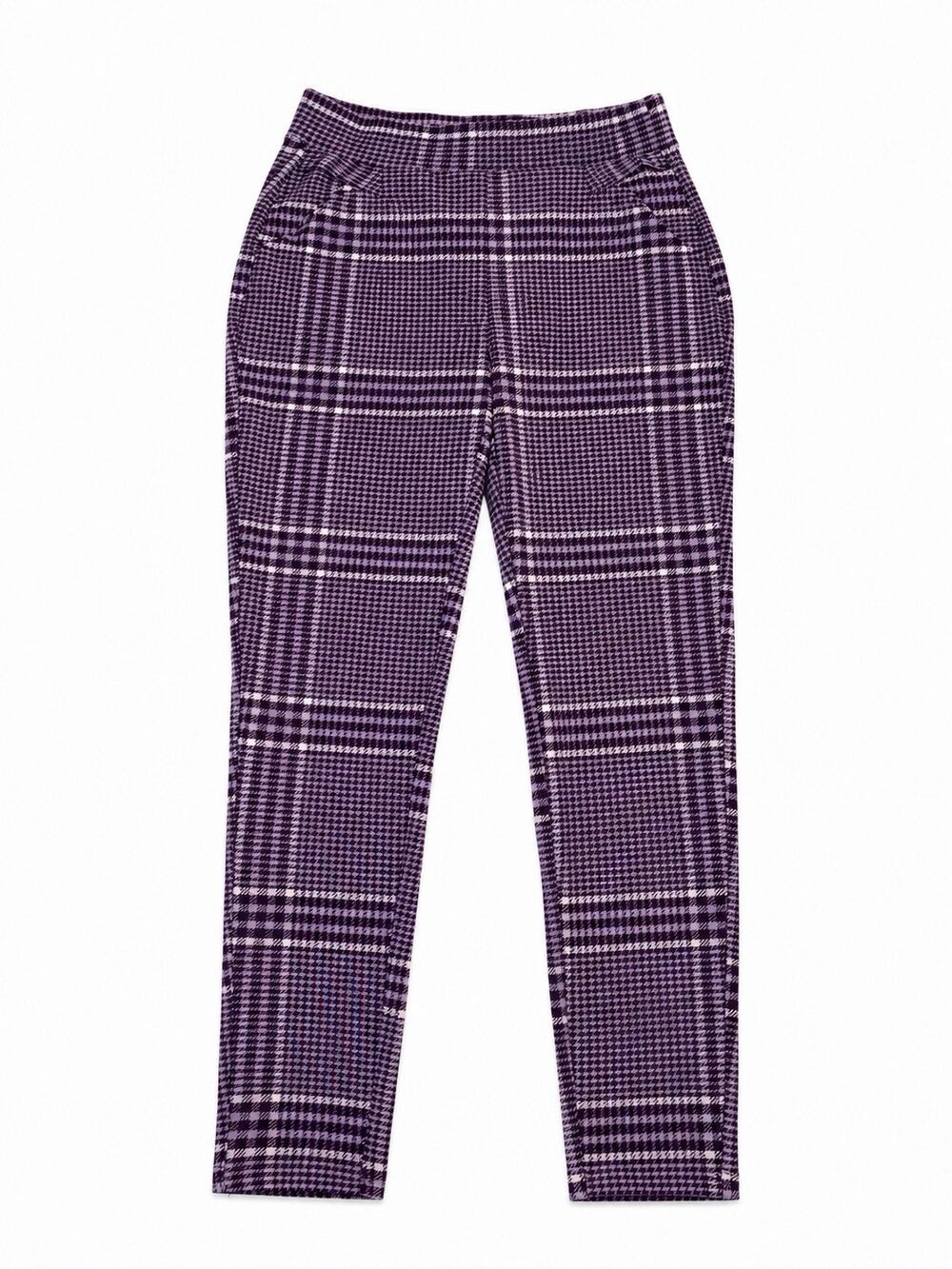 Indero Women’s L/XL Purple Plaid Pull On Stretch Pants Skinny Leg